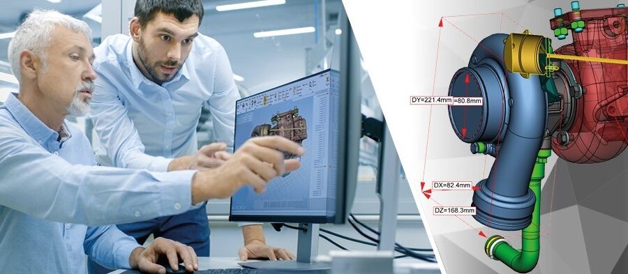 montage of a photo (design colleagues discuss CAD data displayed on a monitor) and a screen capture of 3DViewStation rendering (CAD visualization of an automotive engine)