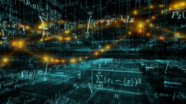 conceptual illustration of computing; mathematical symbols, algorithms and light waves against a cube-shaped black background