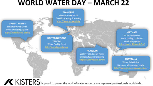 world map highlights KISTERS partnerships innovating the monitoring & management of flooding risks, water quality, the water-energy-food nexus, and open data.