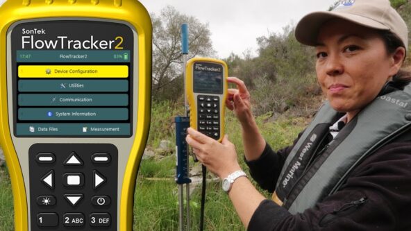 photo montage left: SonTek FlowTracker2 handheld ADV and right: product manager demonstrates use of the water flow measurement instrument | pc SonTek