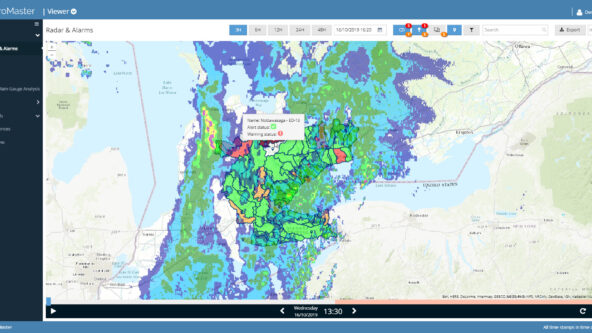 screen capture of HydroMaster software as a service (SaaS) web browser interface | Canadian radar rainfall observations and rain forecasts are animated and extracted into graphs and tables