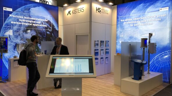 photo of the Kisters Group exhibit at Meteorological Technology Expo; nextgen water and weather sensors include a real-time hail sensor, a bubbler to measure water level and a web-based data analytics platform | photo credit KISTERS AG