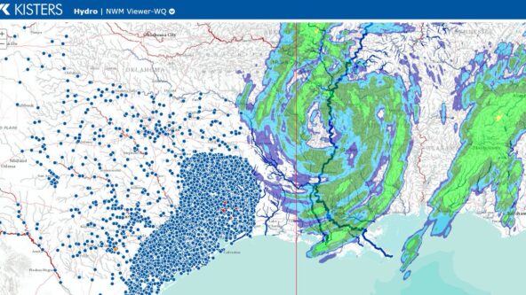 screen capture of KISTERS water data viewer; the web portal shows raster rainfall data and hydrological monitoring stations during Hurricane Harvey in 2017