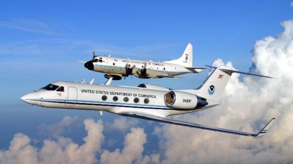 photo of Gulfstream IV-SP jet and WP-3D Orion aircraft in the sky | credit U.S. National Weather Service, Weather Ready Nation