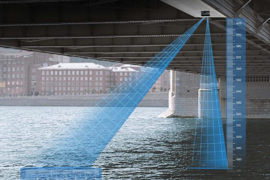 hybrid photo of the underside of a bridge where a HyQuant non-contact radar sensor has been mounted and illustration of contactless radar technology to measure water level and water level