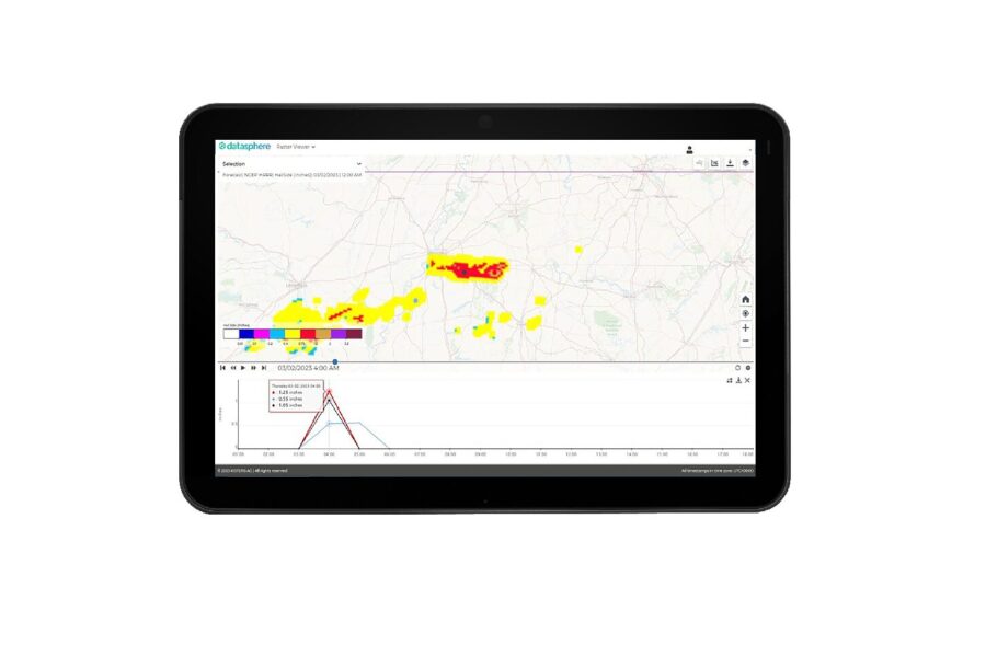 tablet showing HailSens360 hailstorm forecast on a dynamic map with estimated sizes of hailstones