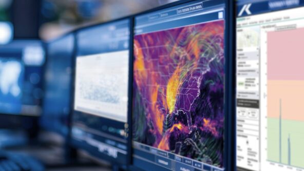 photo from an emergency management command center; image shows multiple computer monitors. screens display map of hail forecasts, estimated size of hailstones and distribution of historical hailstone impacts | source AdobeStock 790001458 purchased and modified