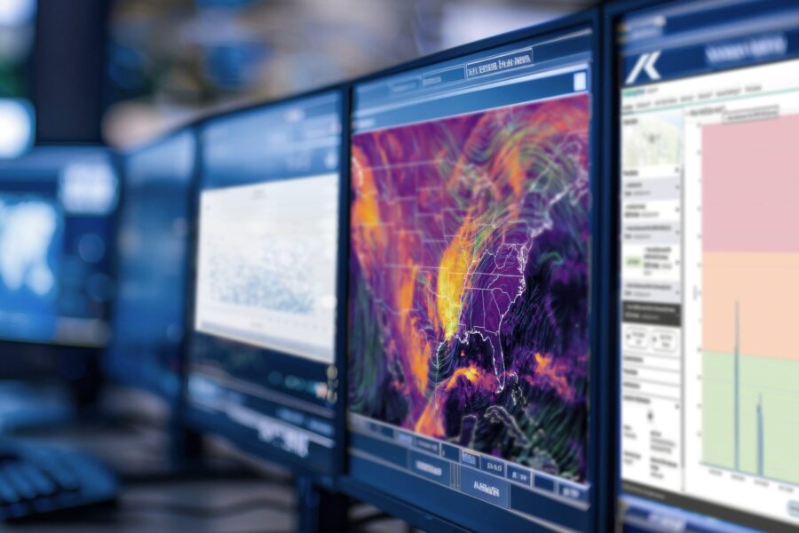 photo from an emergency management command center; image shows multiple computer monitors. screens display map of hail forecasts, estimated size of hailstones and distribution of historical hailstone impacts | source AdobeStock 790001458 purchased and modified