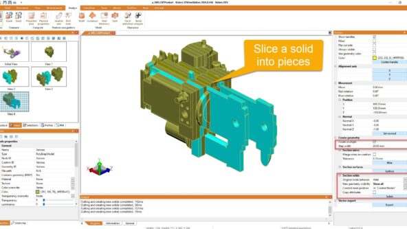 photo screen capture of CAD viewer software 3DViewStation and the feature to cut solid 3D model into multiple section piece