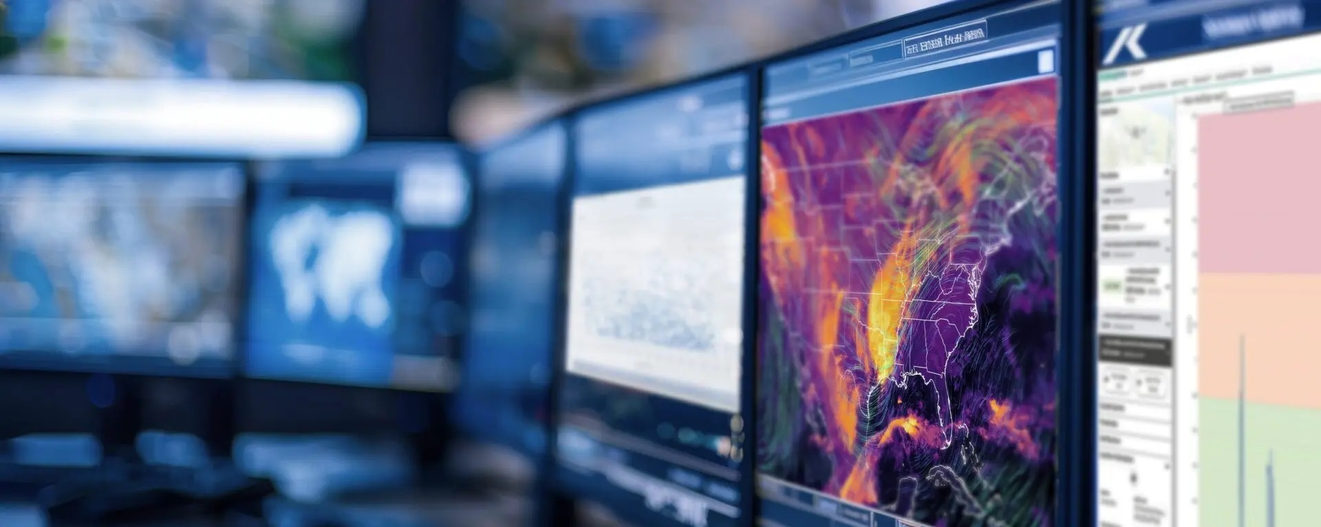 photo from an operations command center; image shows at least 6 computer monitors displaying maps of weather forecasts and time series data | source AdobeStock 790001458 purchased and modified