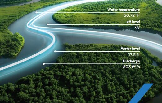 conceptual image of neon lines moving through serpentine river to represent real-time streamgauge network data