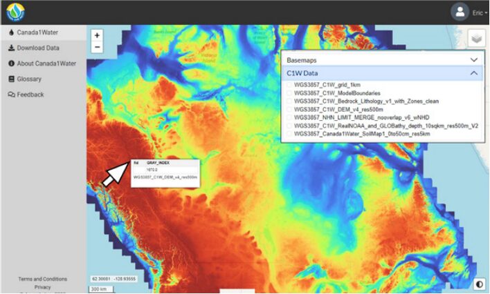 screen capture of Canada1Water portal (C1W portal) WebMap interface | source Aquanty Inc