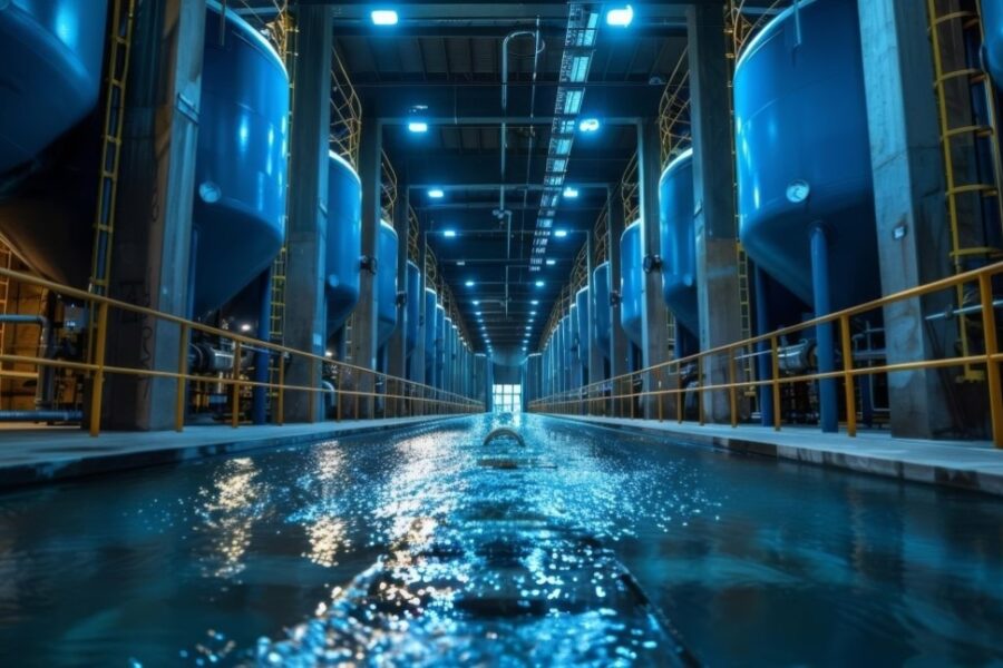 photo of internal water treatment plant, several large tanks flank an open body of water