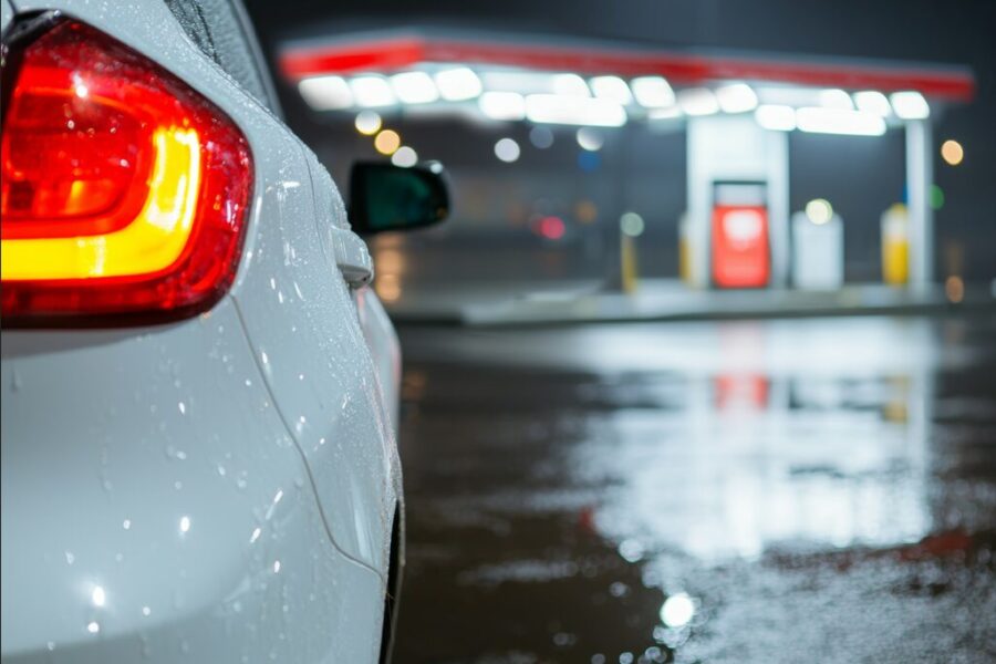 photo of white municipal car approaching gas station before hail